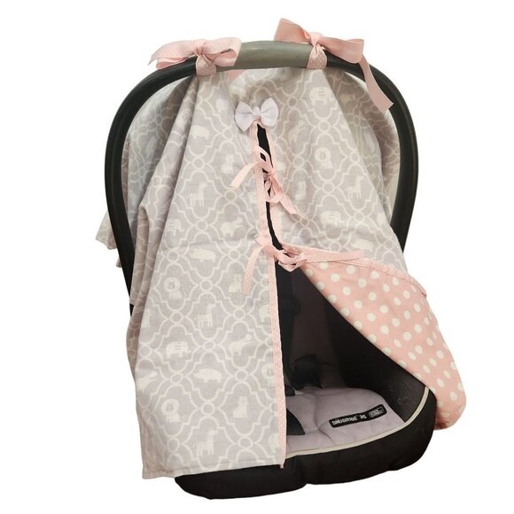 Unique Handmade Car Seat Canopy Cover Elephants Grey Pink Girls Ties OS - Picture 1 of 5